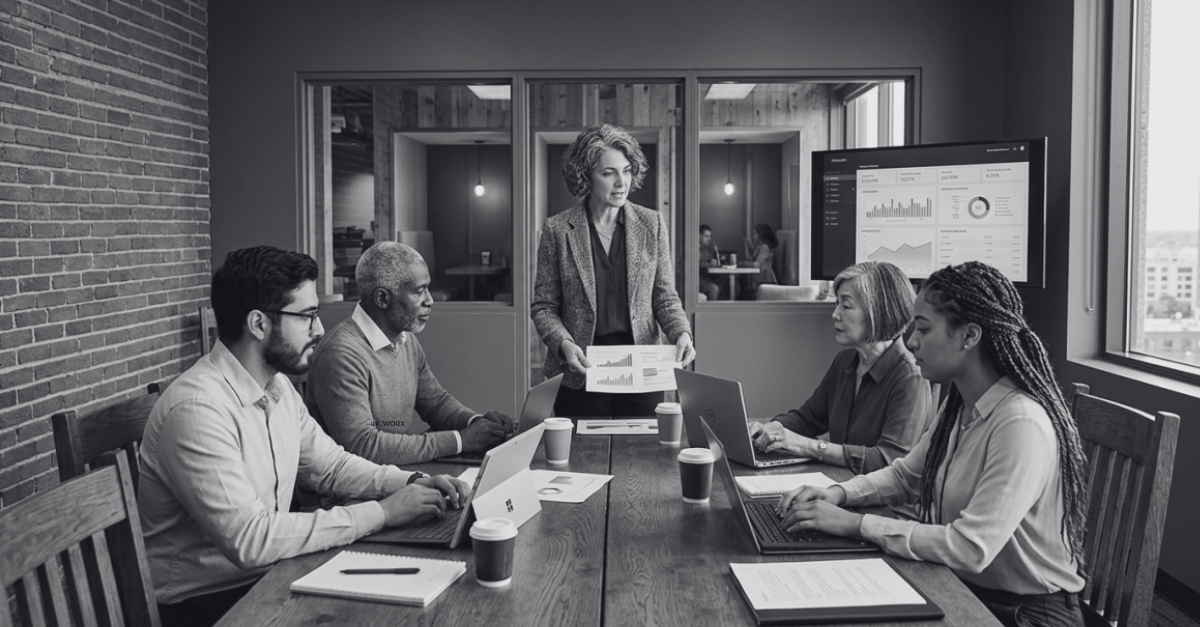 a woman talking at the head of the table of a board room discussing equipment calibration alert modernization with Power Platform to 4 other colleagues