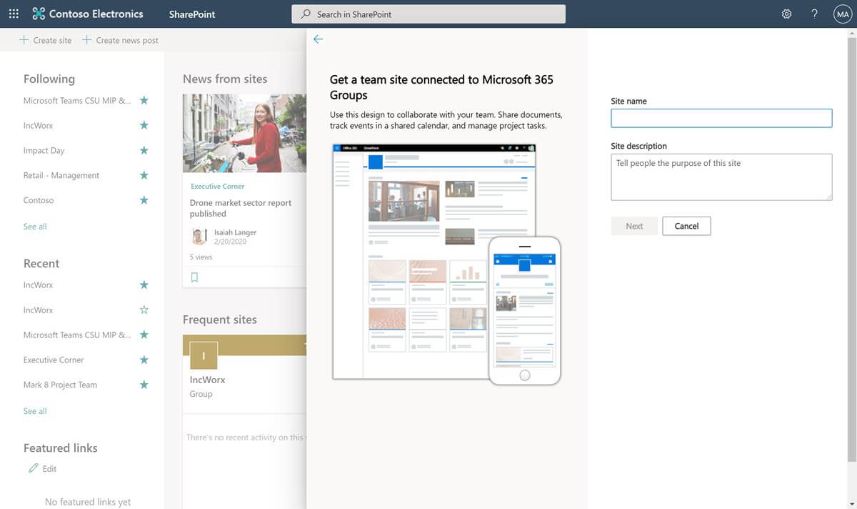 SharePoint Online create a Team site panel