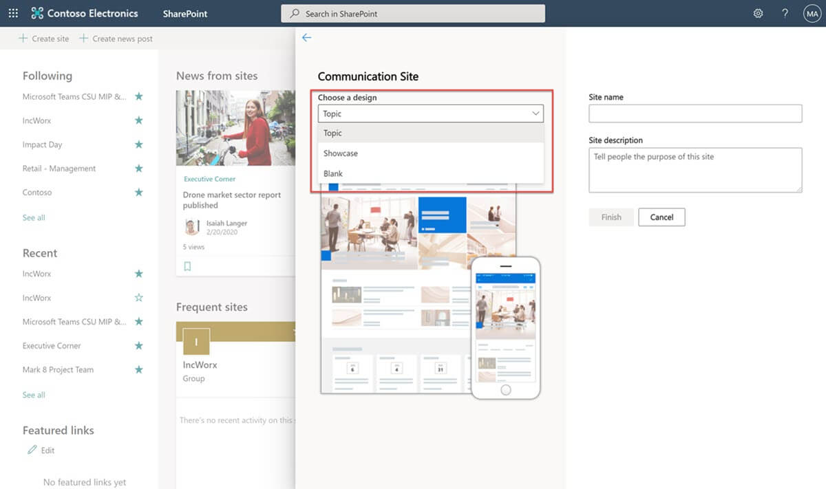 SharePoint Online create a Communication site panel