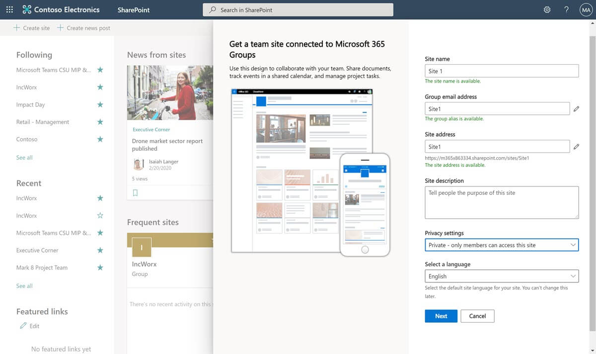 SharePoint Online create a Team site panel expanded