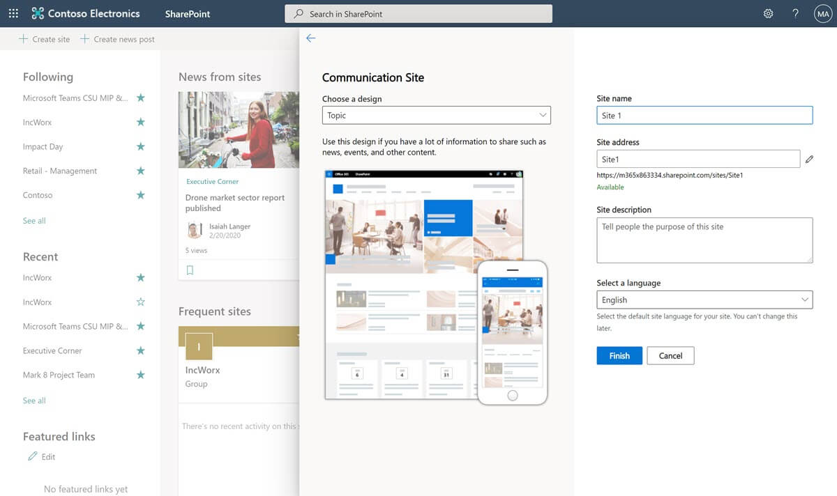 SharePoint Online create a Communication site panel expanded