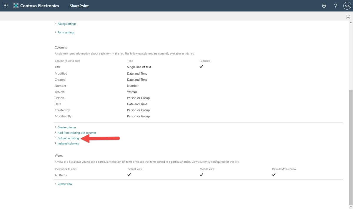 list settings column ordering