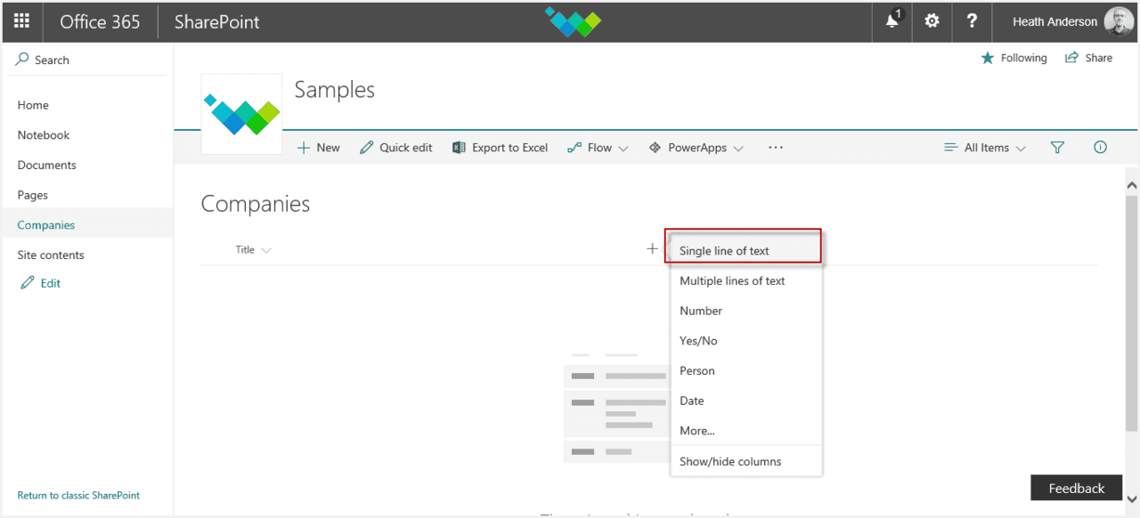 add SharePoint column text