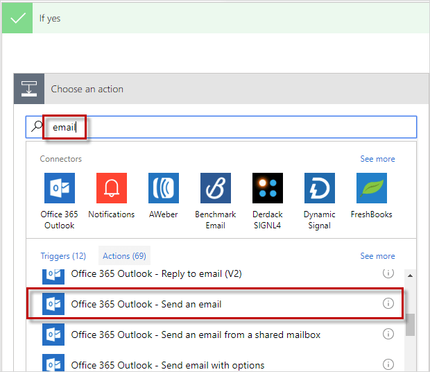 Microsoft Flow add action for Office 365 to send email using Outlook