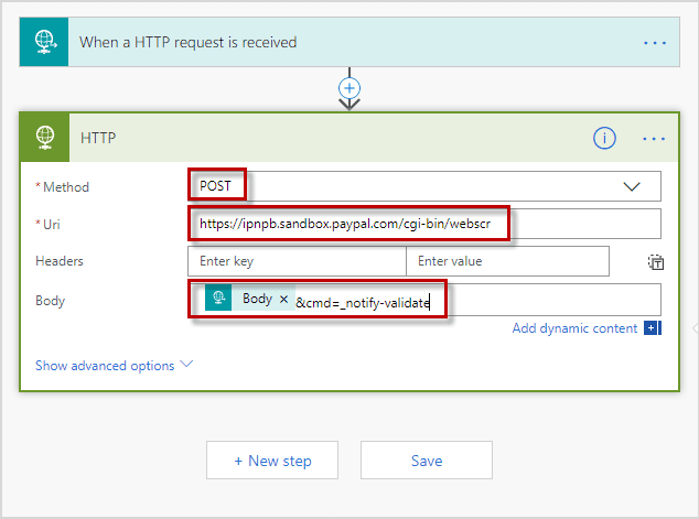 Microsoft Flow configure HTTP post action PayPal ipn