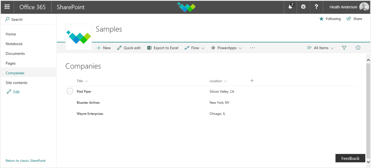 sample SharePoint list company names locations