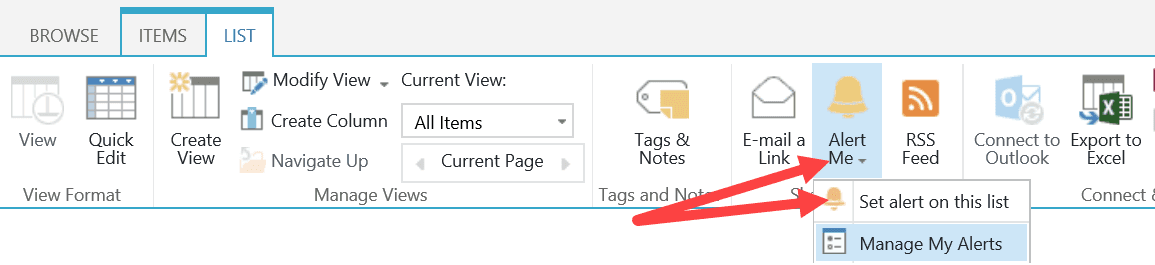 SharePoint alerts, alert me option