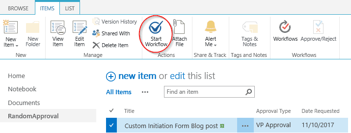 start workflow button in SharePoint ribbon