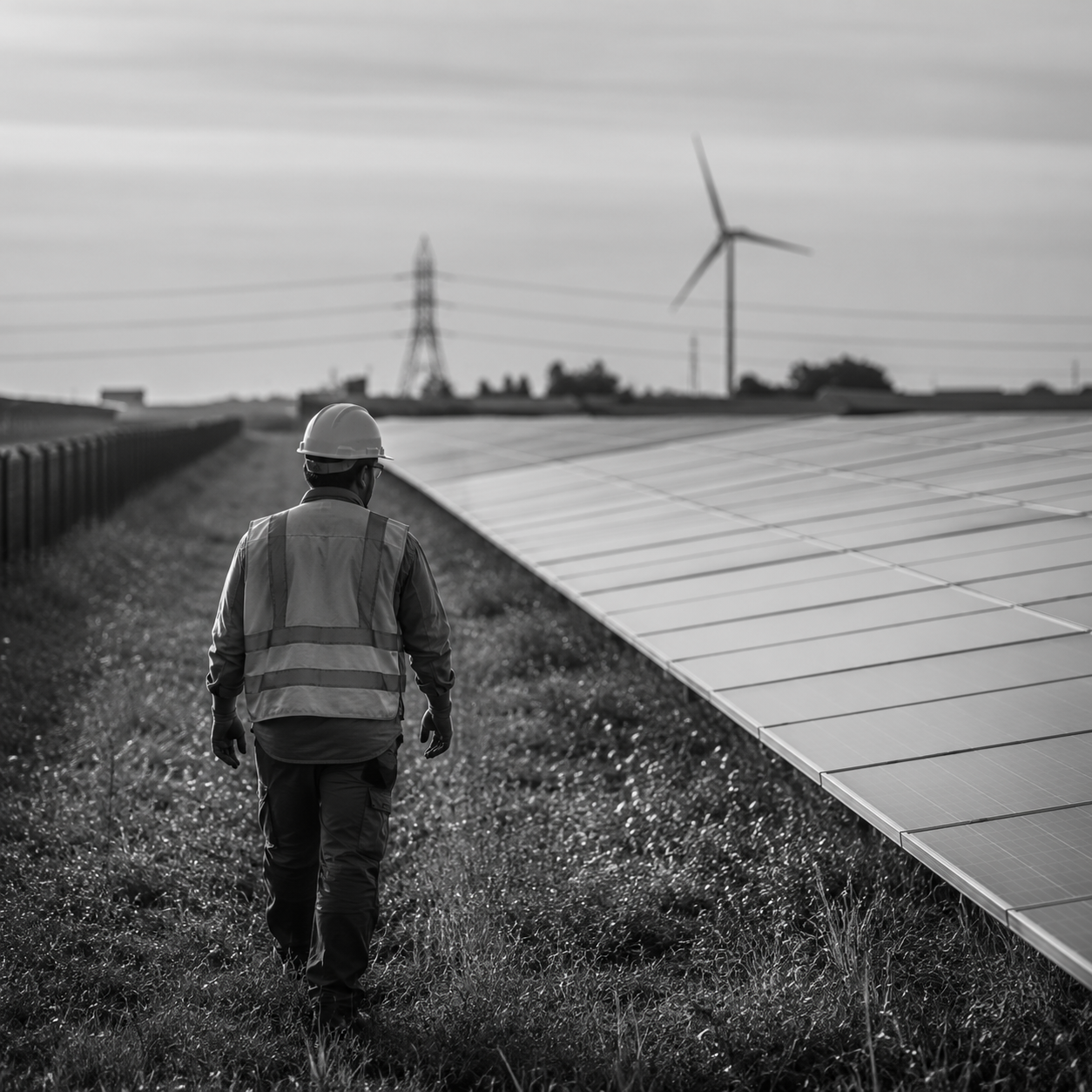 Worker in a hard hat walking beside a solar panel field with a wind turbine in the distance