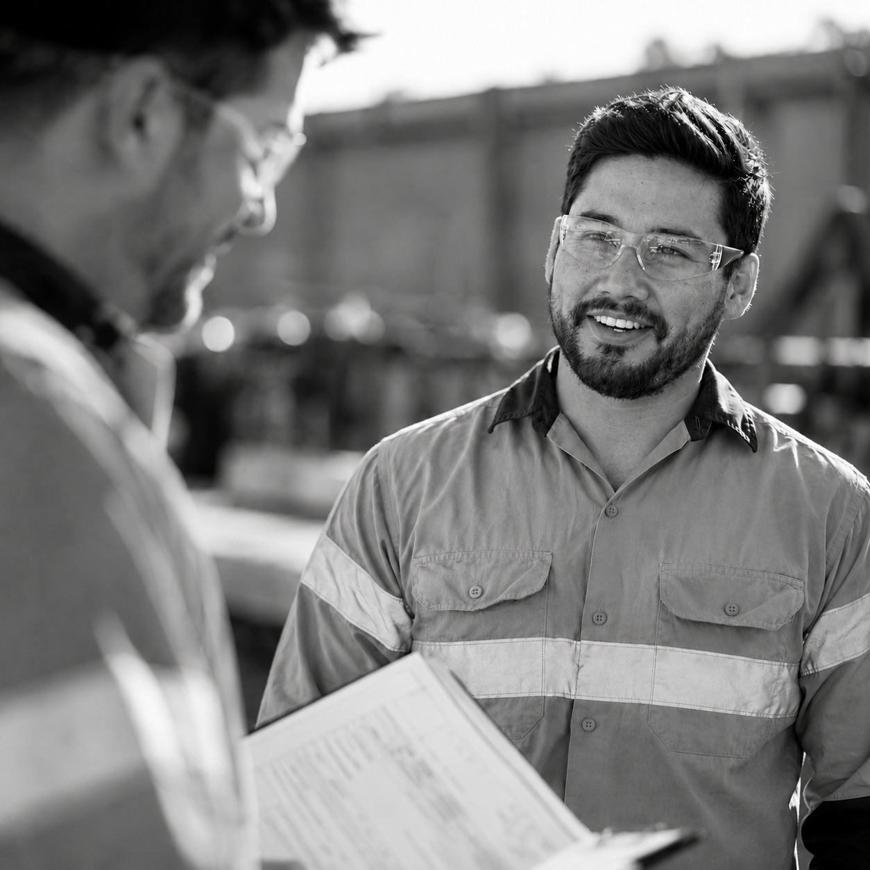 Two workers in safety gear reviewing paperwork on site