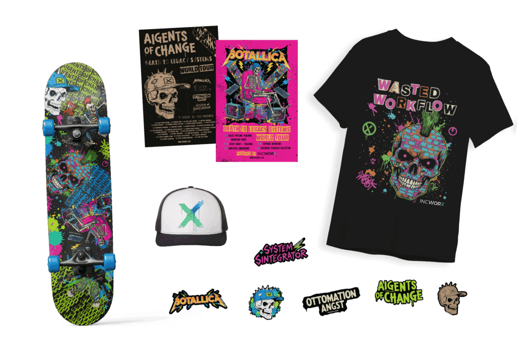 Collage preview of some of the promotional items that will be given away at the tradeshow booth. These items include a very colorful skateboard, band posters, a branded trucker hat, tour tshirts, and various stickers.