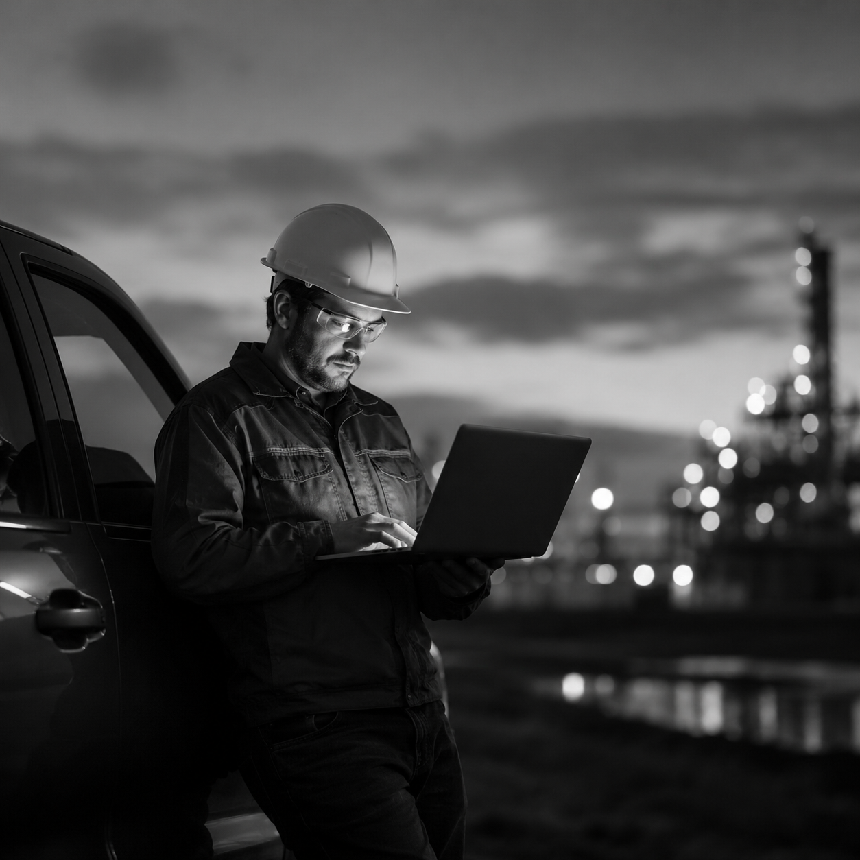 Worker in a hard hat using a laptop outside an industrial facility at dusk