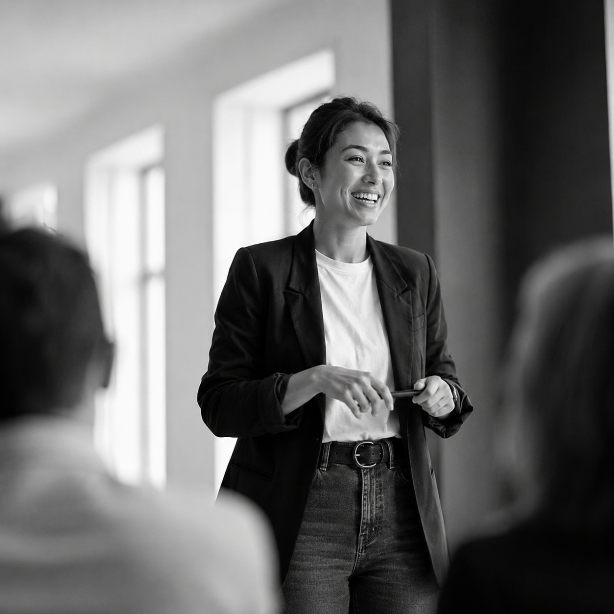Woman smiling while speaking to a group of colleagues