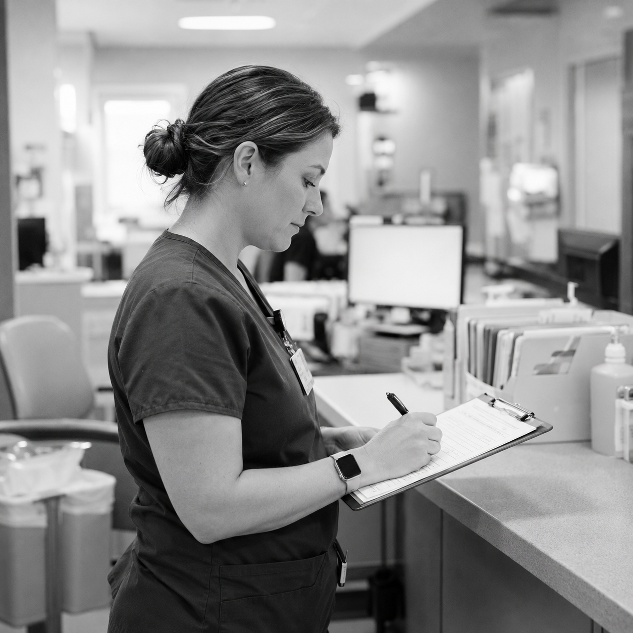Nurse writing on a clipboard at a nurses' station