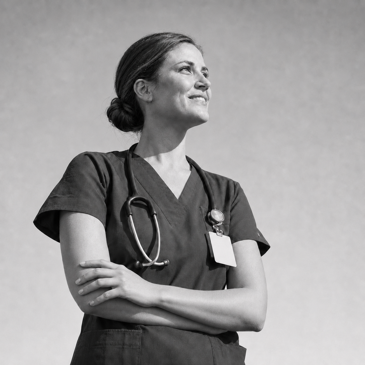 Nurse with a stethoscope standing with arms crossed, smiling