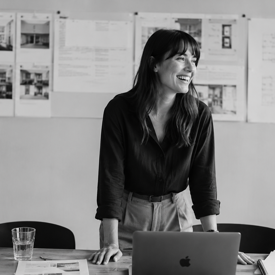 Woman smiling at a laptop with project plans posted on the wall behind her