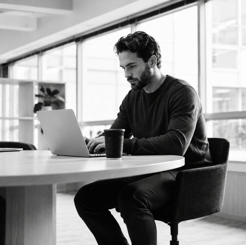 Man working on a laptop at a table in a modern office