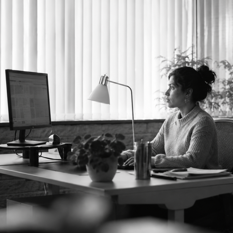 Woman reviewing field exam data on a computer monitor at her desk