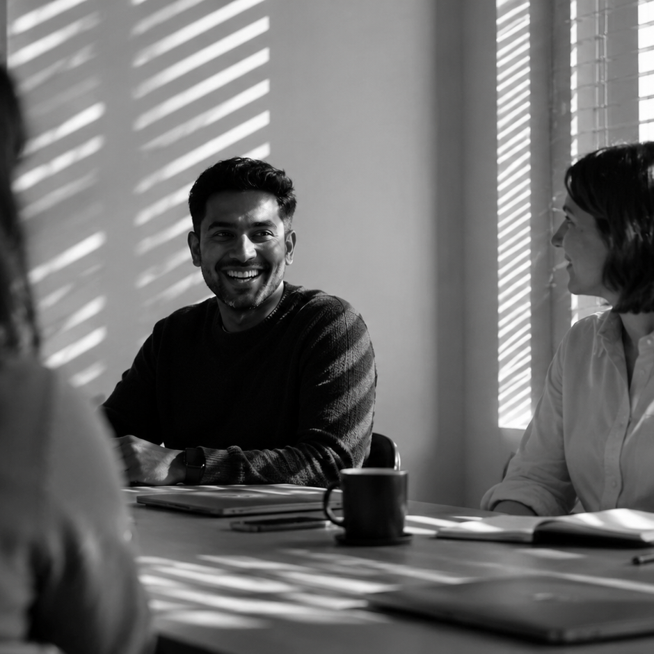 Team members laughing together at a table with laptops and coffee