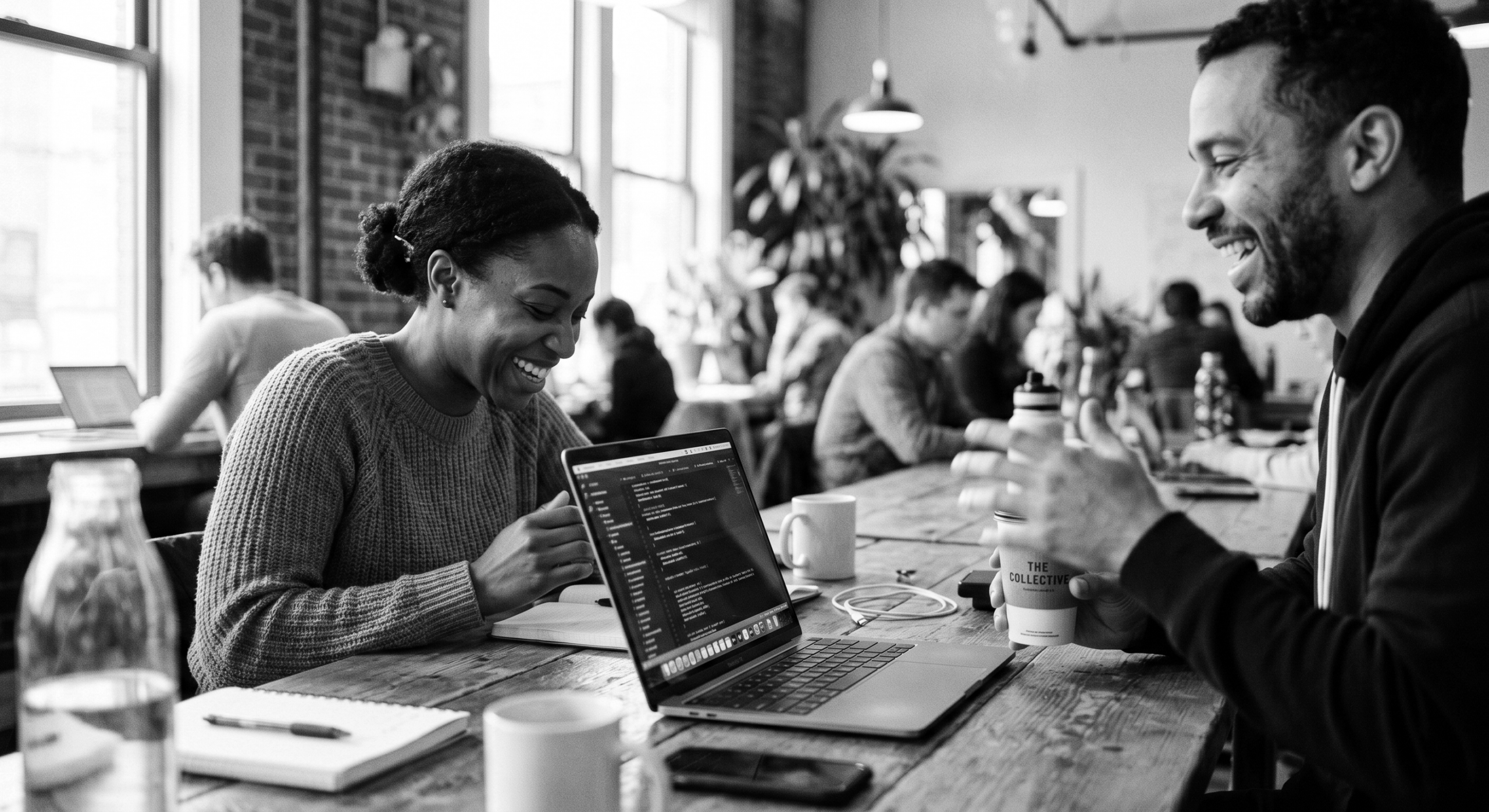 Black-and-white image of two professionals laughing while working together on a laptop in a busy coworking space.