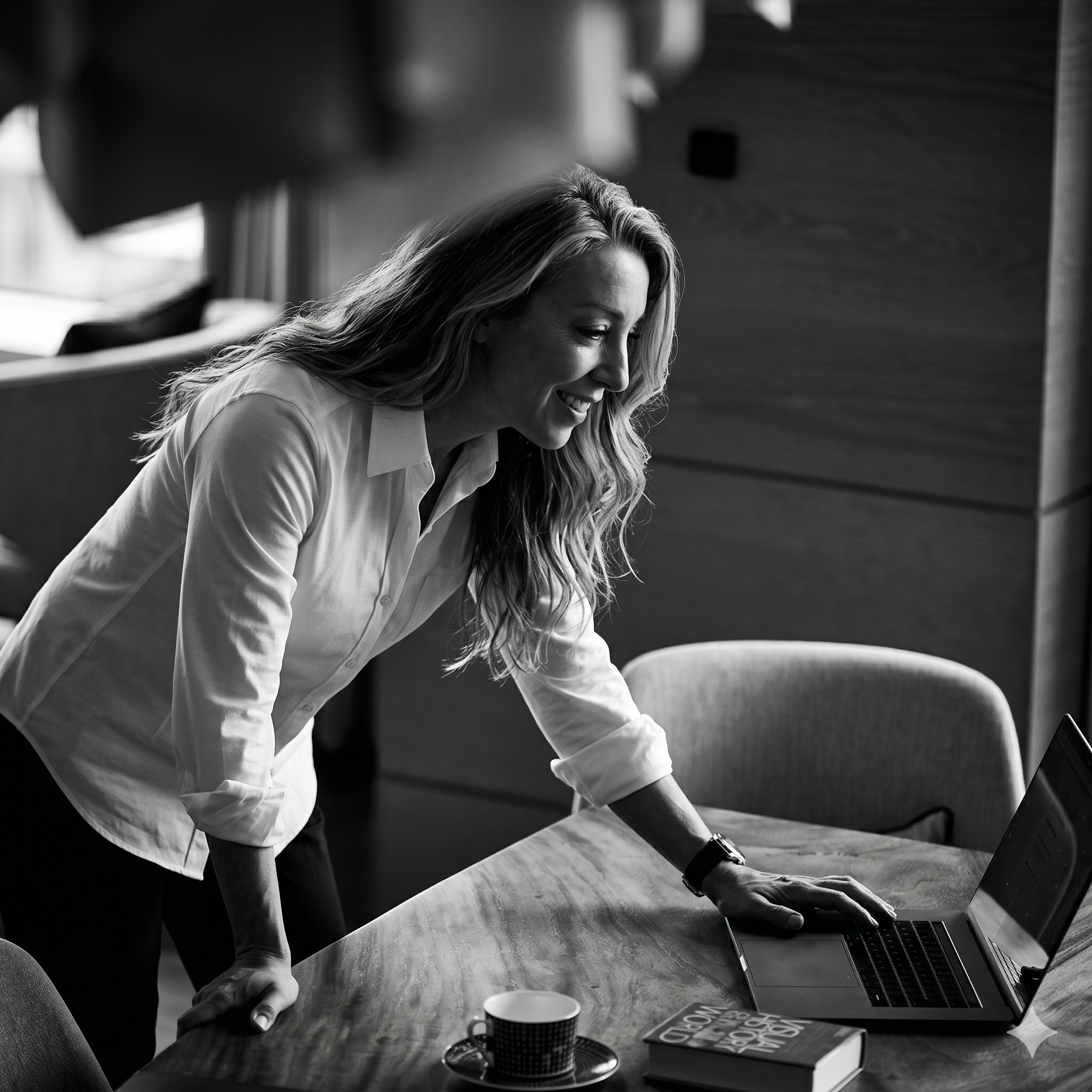 Microsoft consultant reviews work on a laptop in a collaborative office setting, representing consulting careers and team culture.