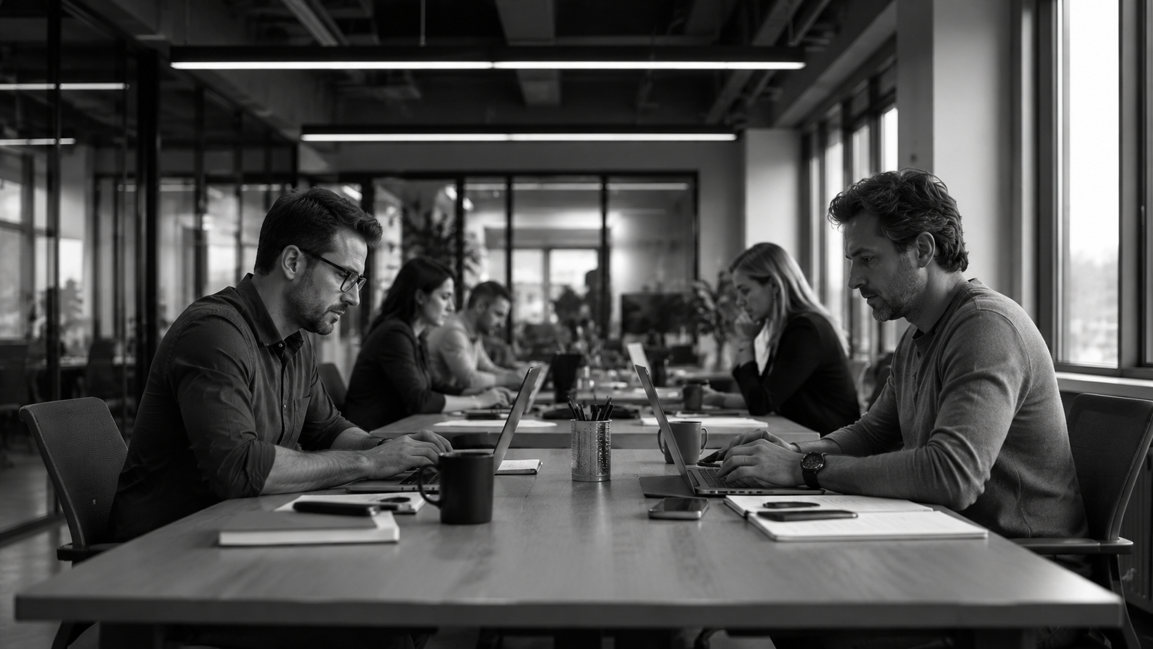 Black-and-white image of professionals working on laptops at a shared office table.