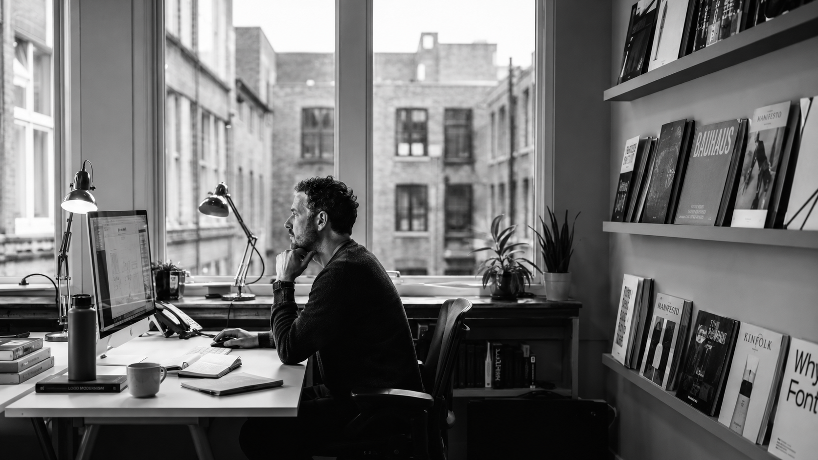 Black-and-white image of a consultant working at a desktop computer in a bright office lined with design books.