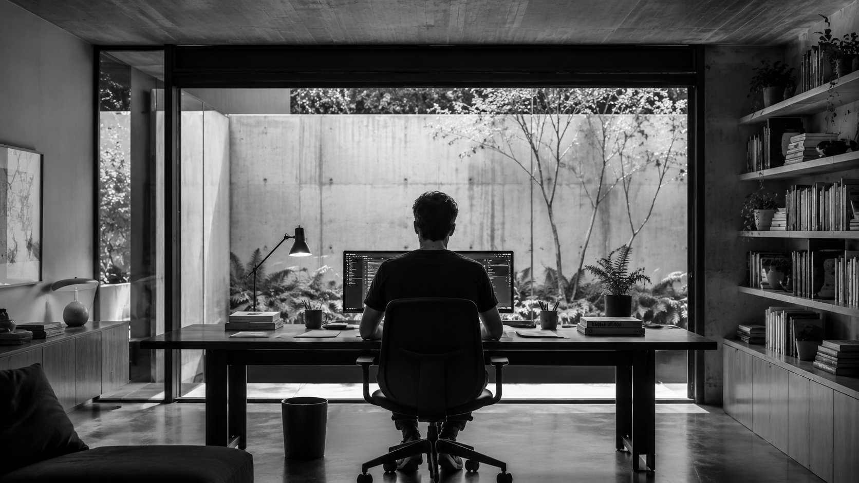 Black-and-white image of a professional working at a desk with dual monitors in a modern office overlooking a quiet courtyard.