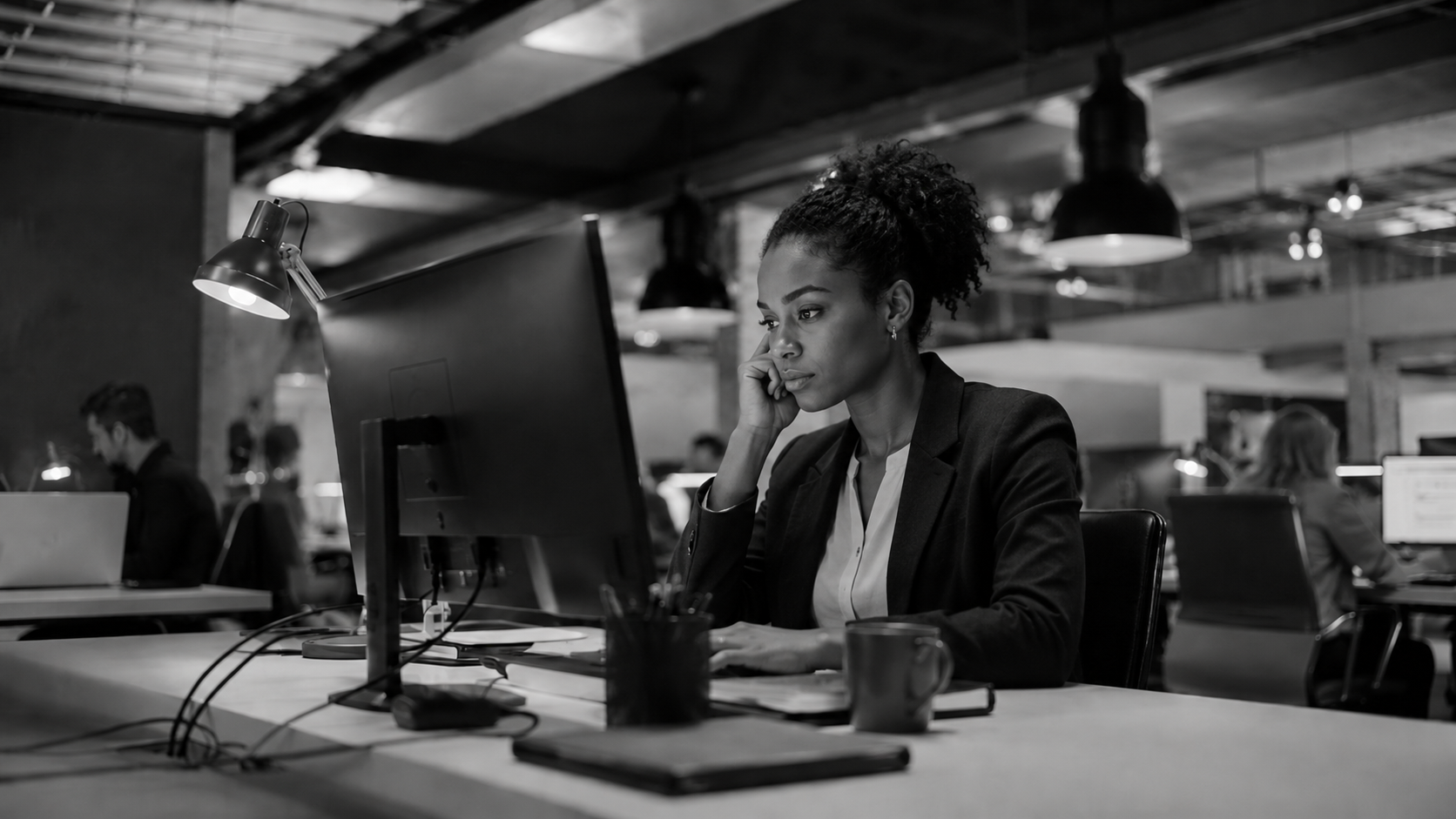 Black-and-white image of a business professional focused at her desktop computer in a modern office.