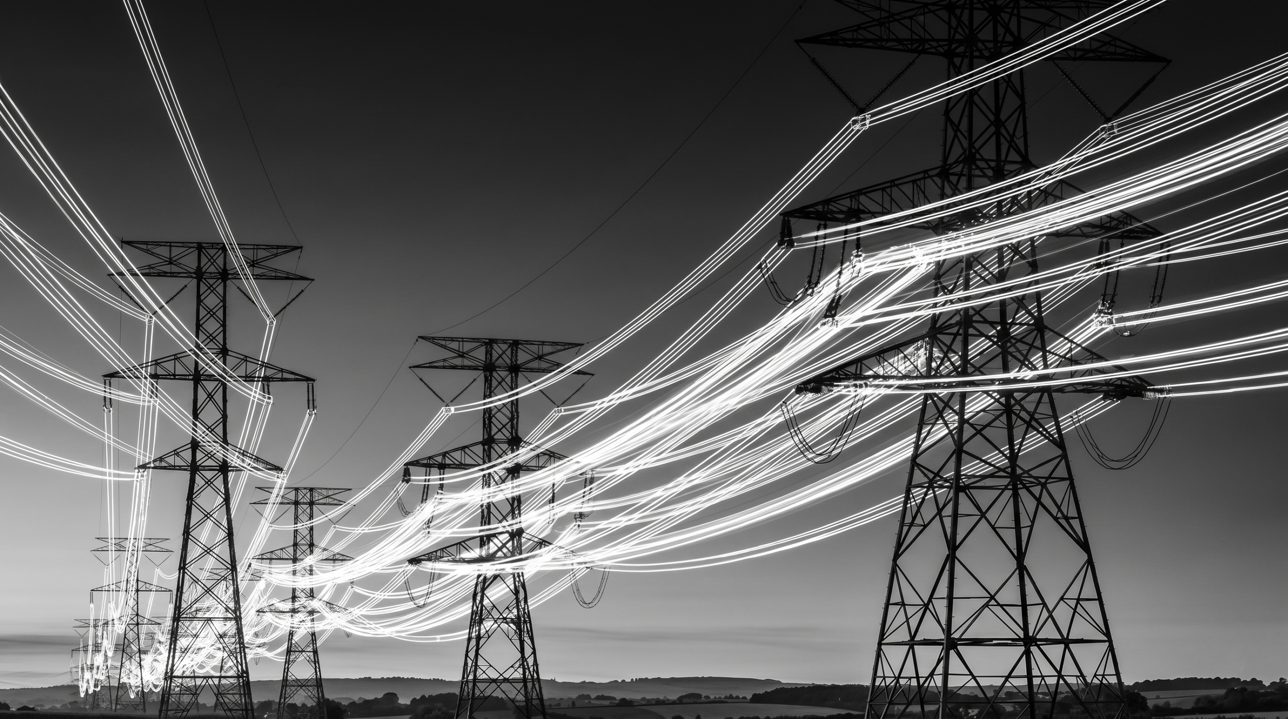 Black-and-white image of electrical transmission towers with bright light trails flowing along power lines across a landscape.