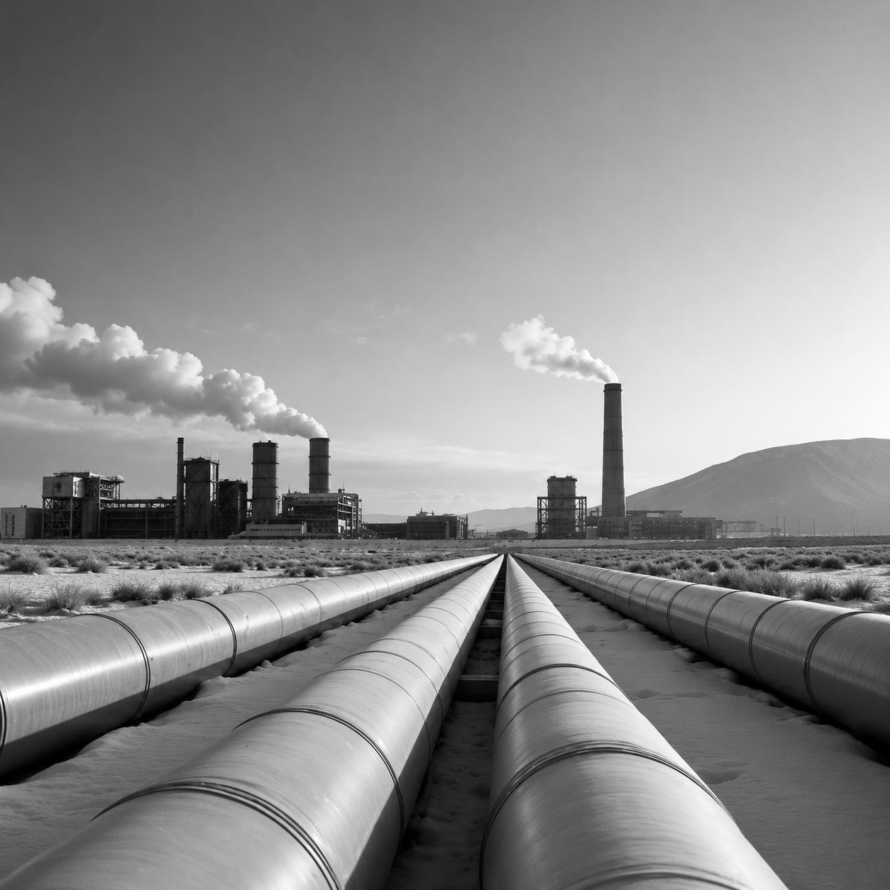 Black-and-white image of industrial pipelines leading toward an energy facility with smokestacks releasing steam in the distance.
