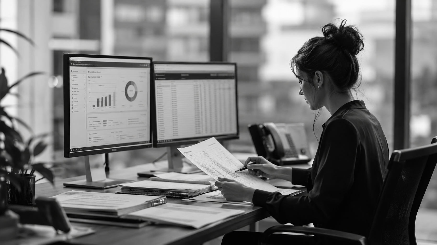 Black-and-white image of a business professional reviewing financial documents at a desk with analytics dashboards open on dual monitors.