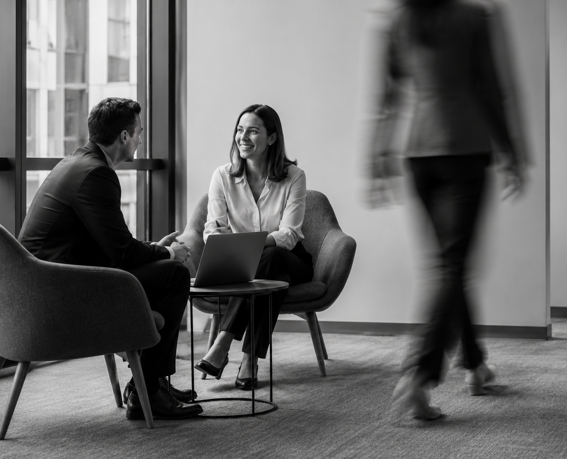 Black-and-white image of two professionals meeting in a modern office lounge while colleagues walk through the hallway.