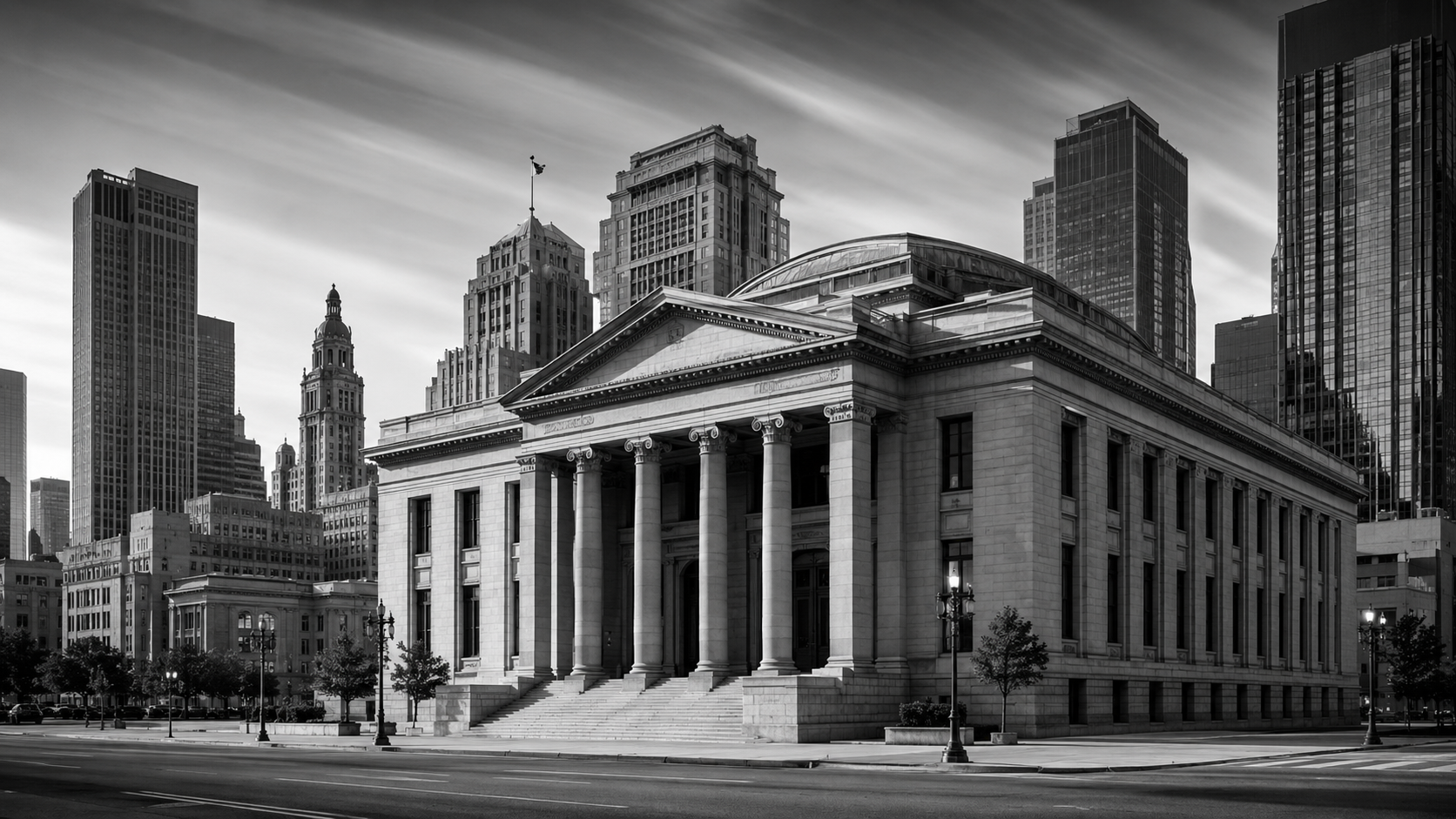 Black-and-white image of a historic financial building with columns surrounded by modern city skyscrapers.