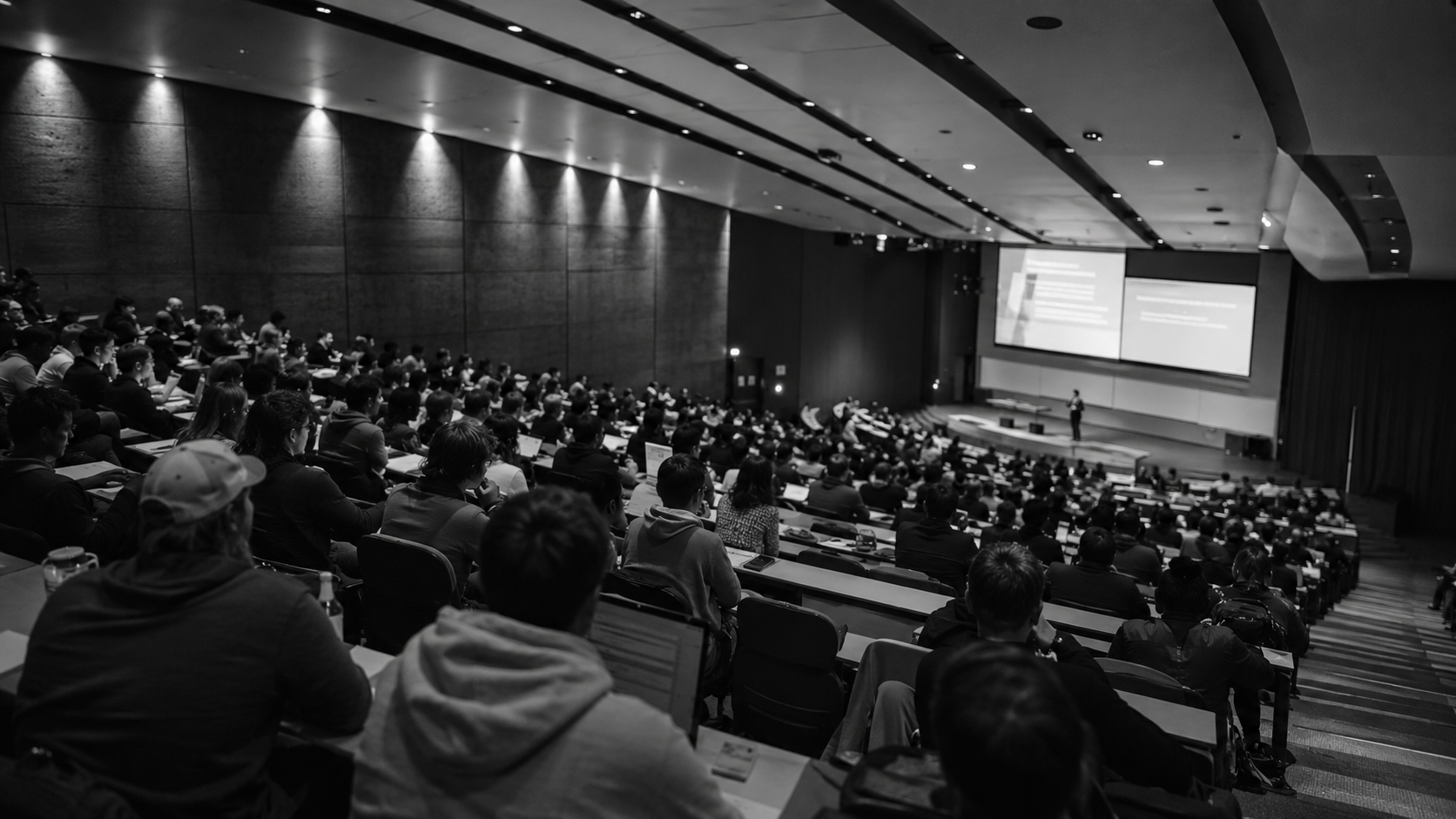 Black-and-white image of students and professionals attending a large lecture or presentation in a university auditorium.