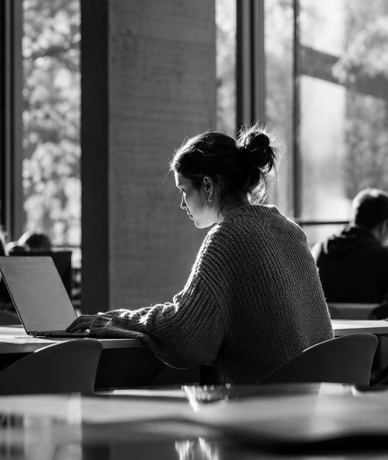 Black-and-white image of a student working on a laptop in a bright campus study space.