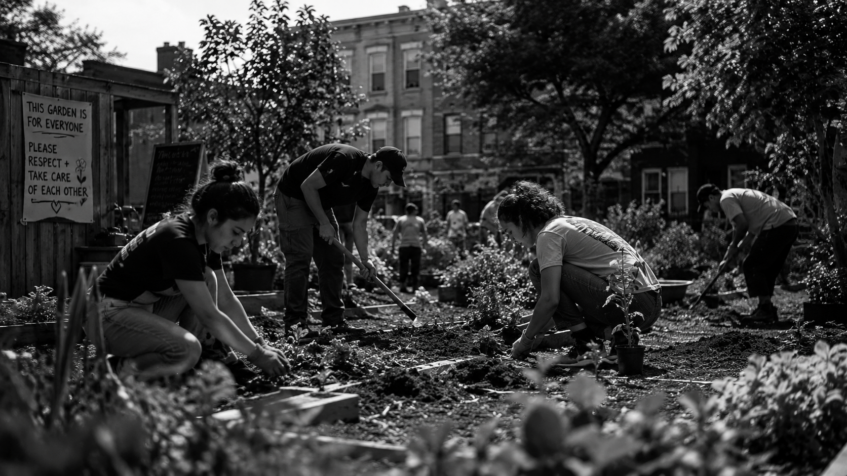 Black-and-white image of volunteers planting and maintaining a community garden in an urban neighborhood.
