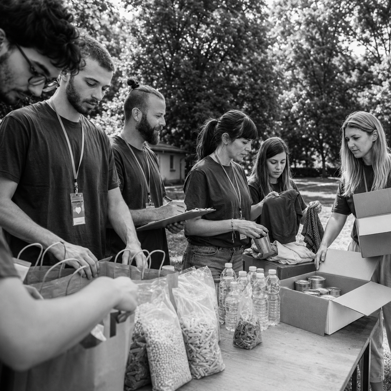 Black-and-white image of nonprofit volunteers organizing food, water, and donated clothing at an outdoor community aid table.