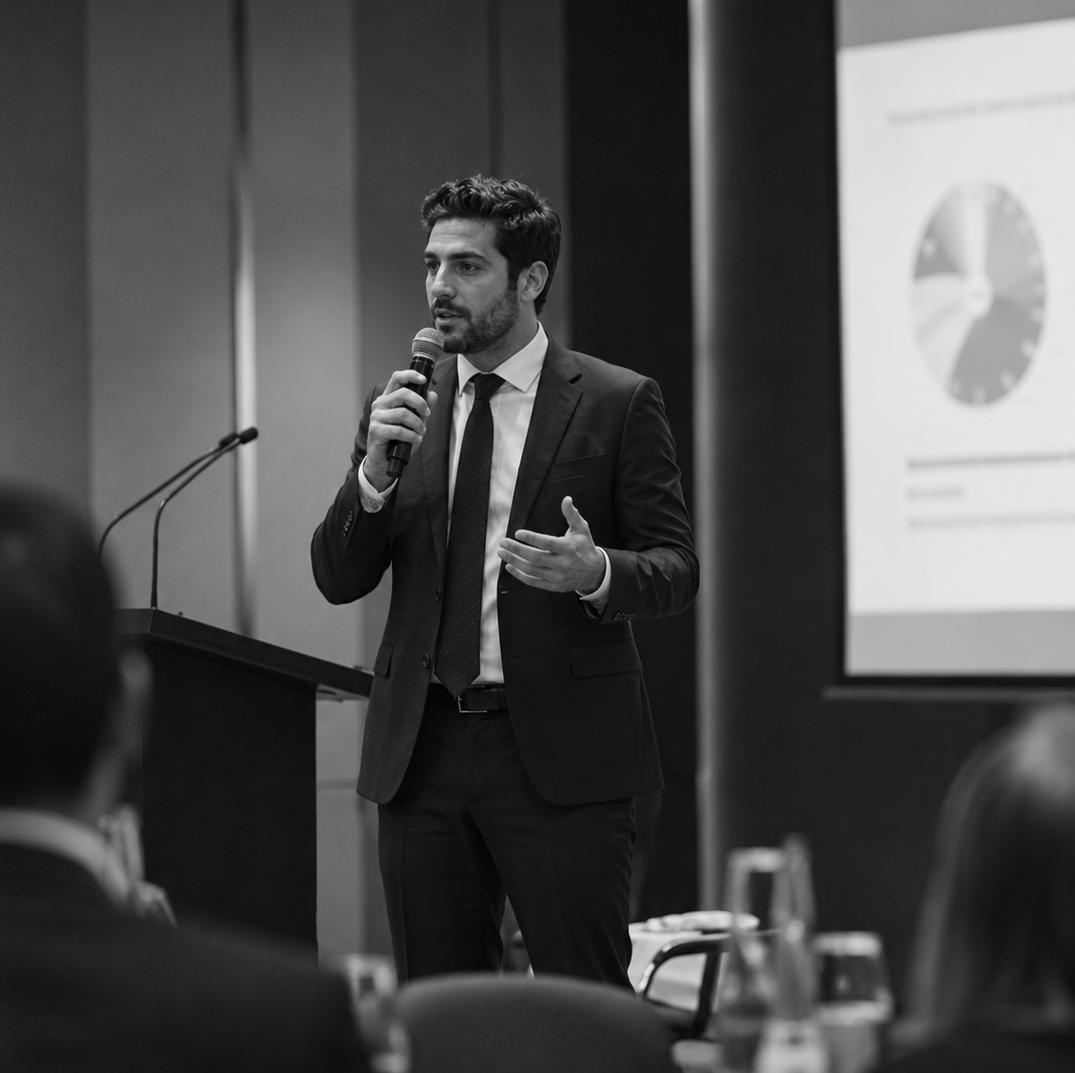 Black-and-white image of a business professional giving a presentation with a microphone beside a projected chart.