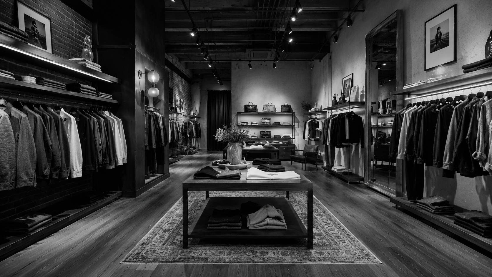 Black-and-white image of a modern retail clothing store with apparel displayed on racks and folded merchandise on tables.