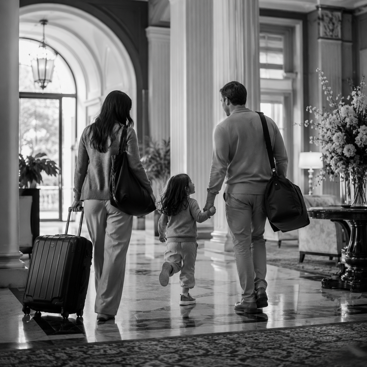 Black-and-white image of a family walking through a luxury hotel lobby with luggage.