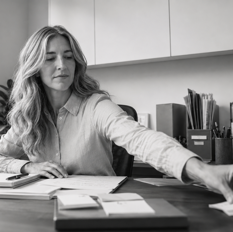 Woman at a desk reaching for paperwork among files and notebooks