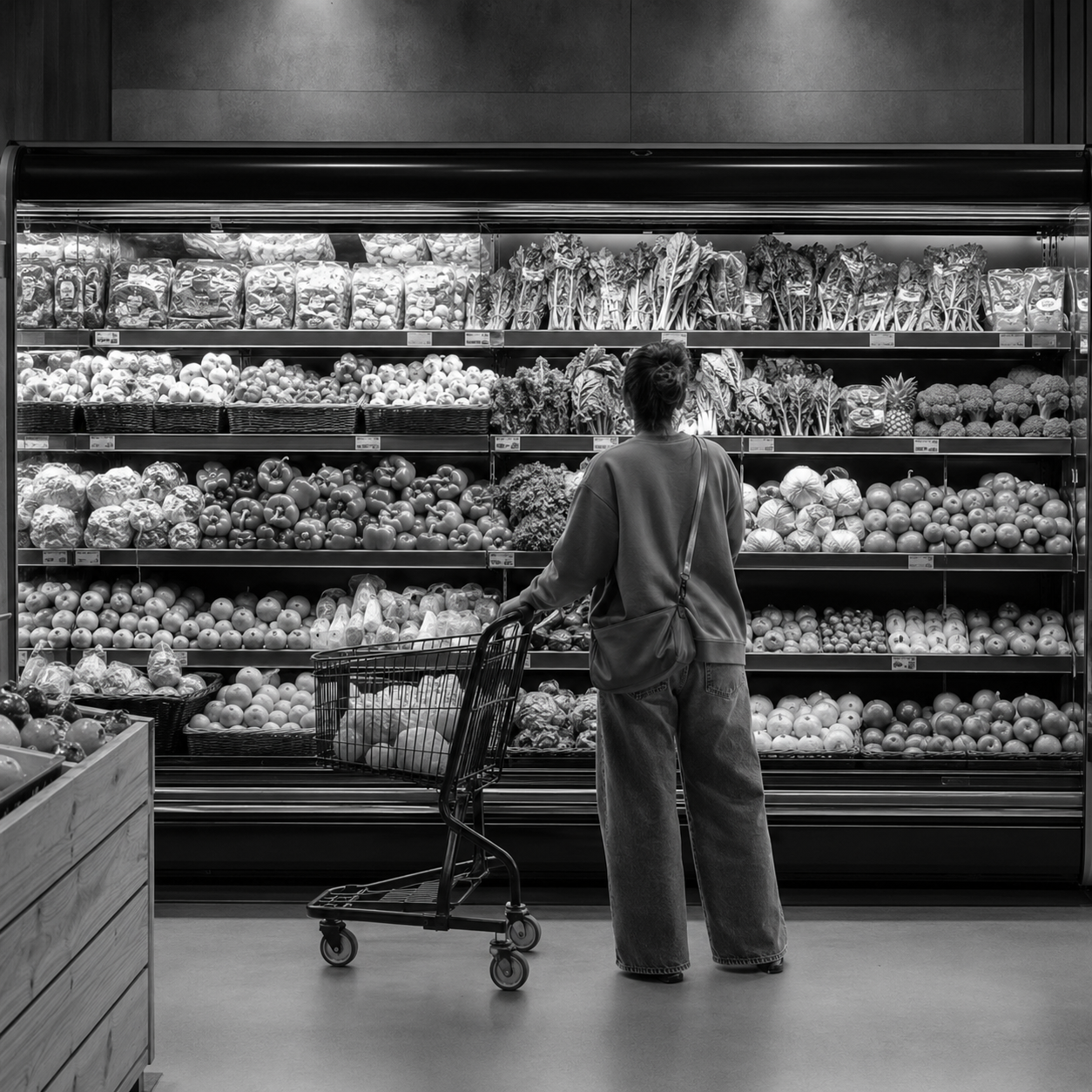 Woman pushing a shopping cart through a grocery store produce aisle