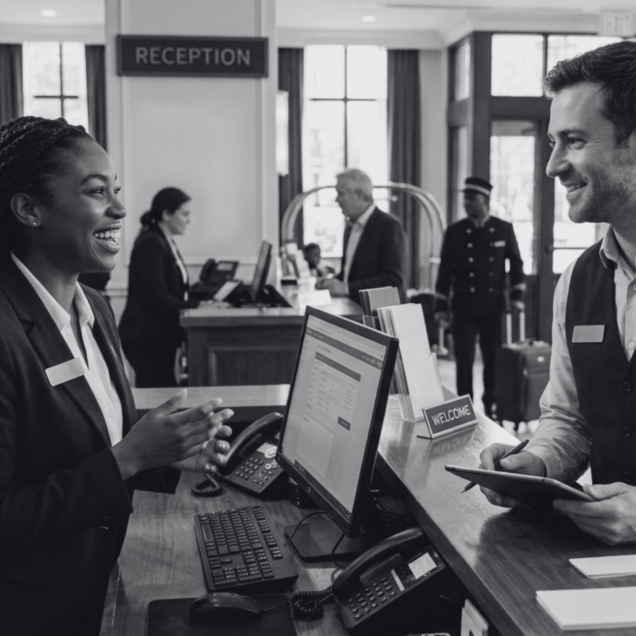 man and woman discussing hospitality reporting automation
