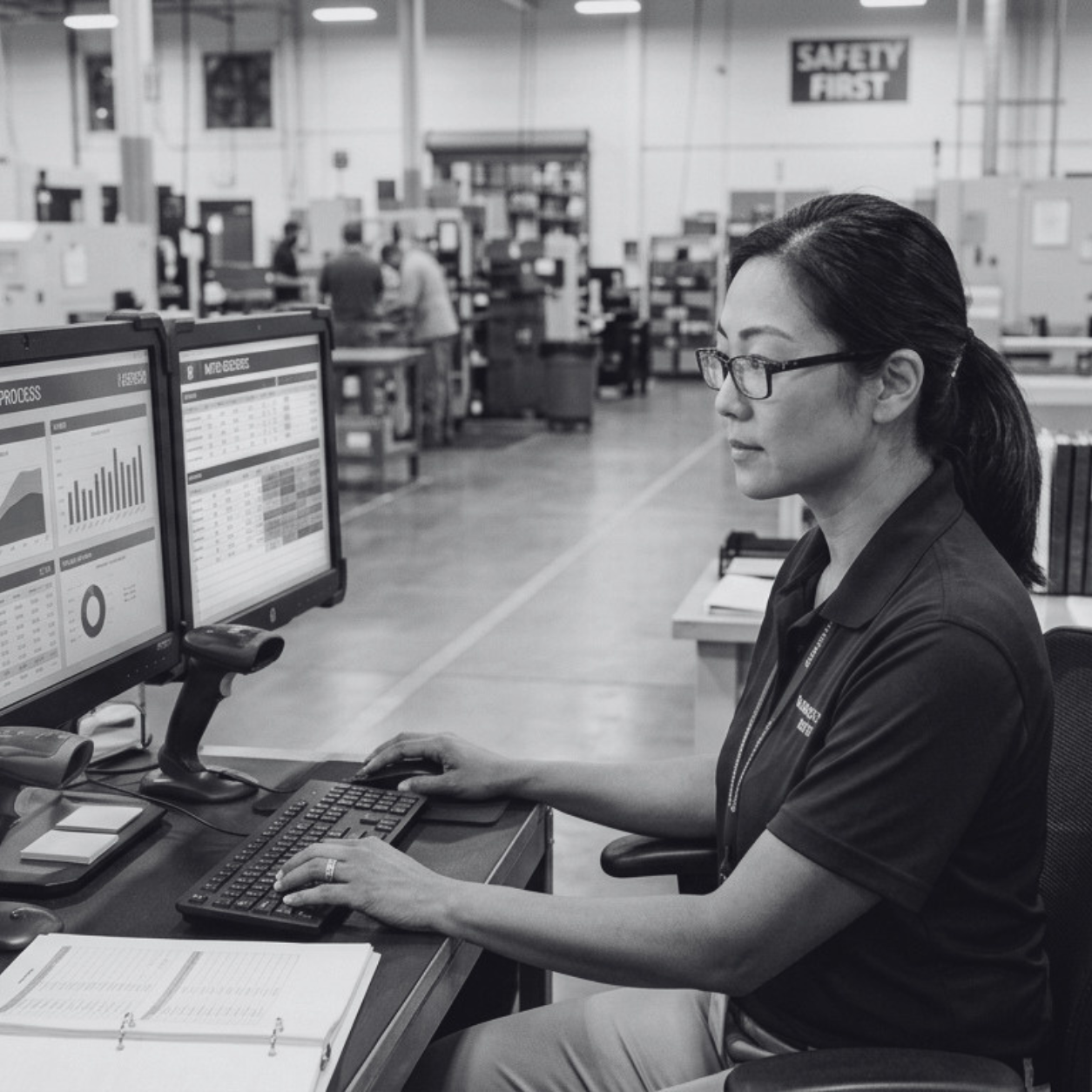 a woman working on a computer for Power Apps performance optimization