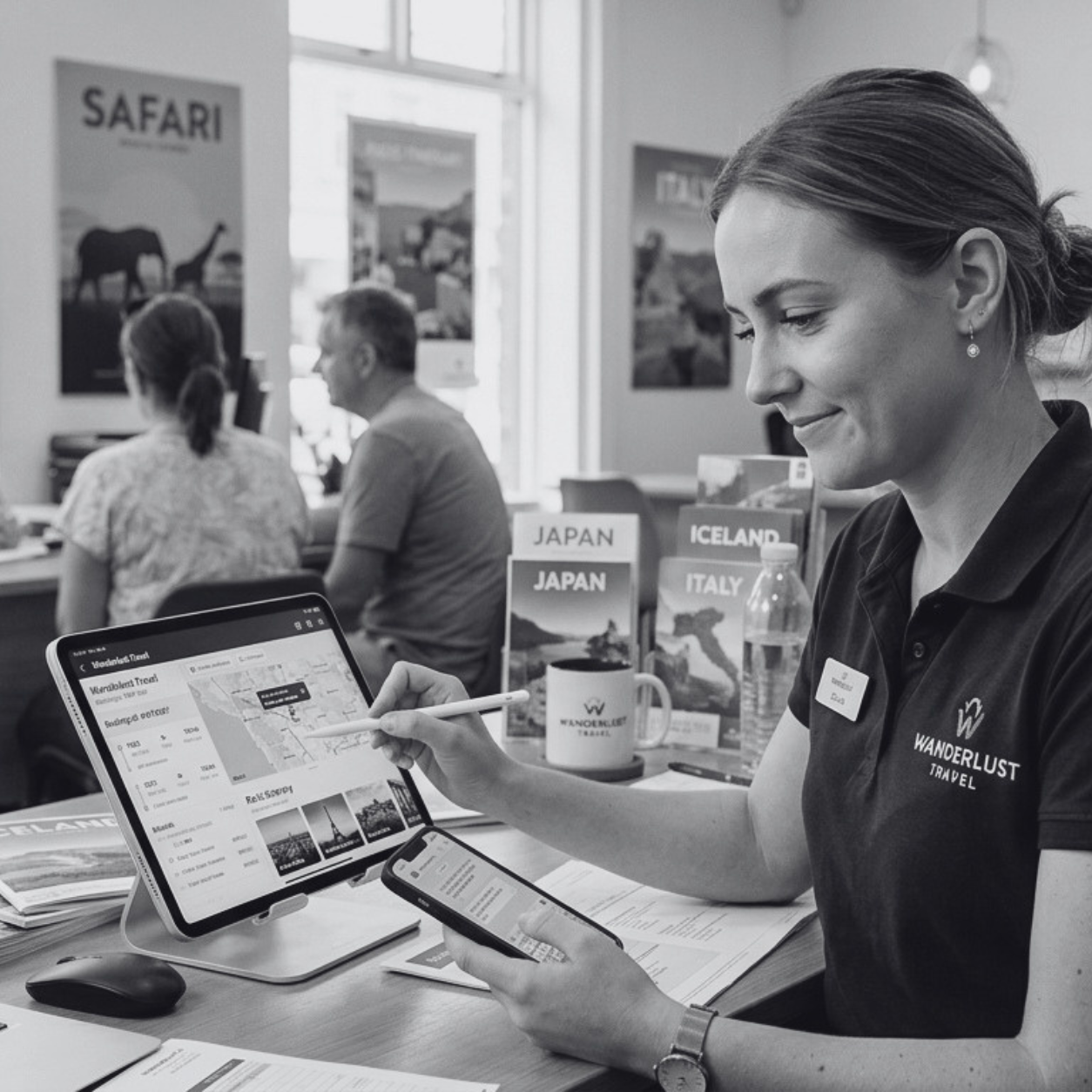 Black-and-white image of a woman working on a tour management solution