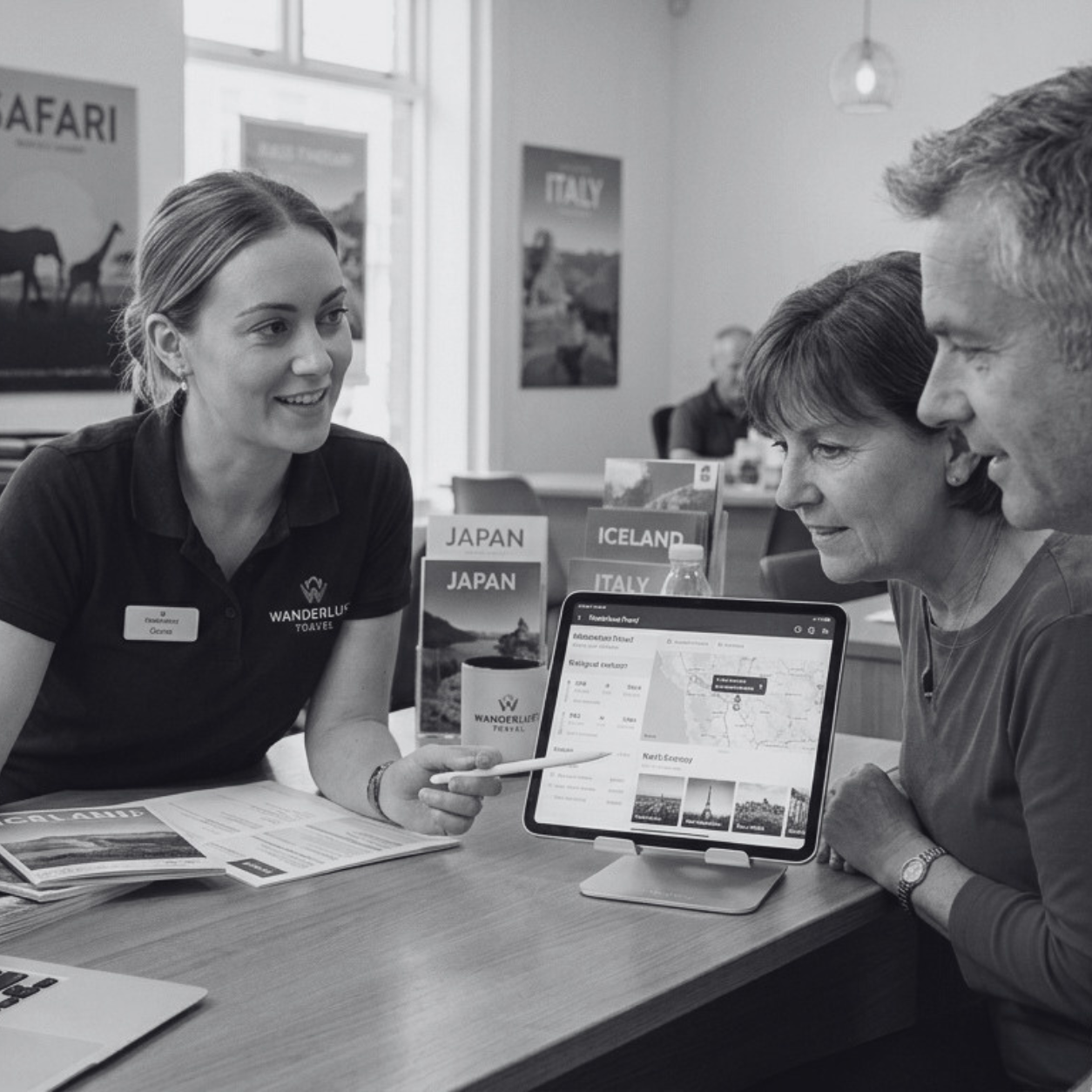 Black-and-white image of travel worker talking to two people about a tour management solution