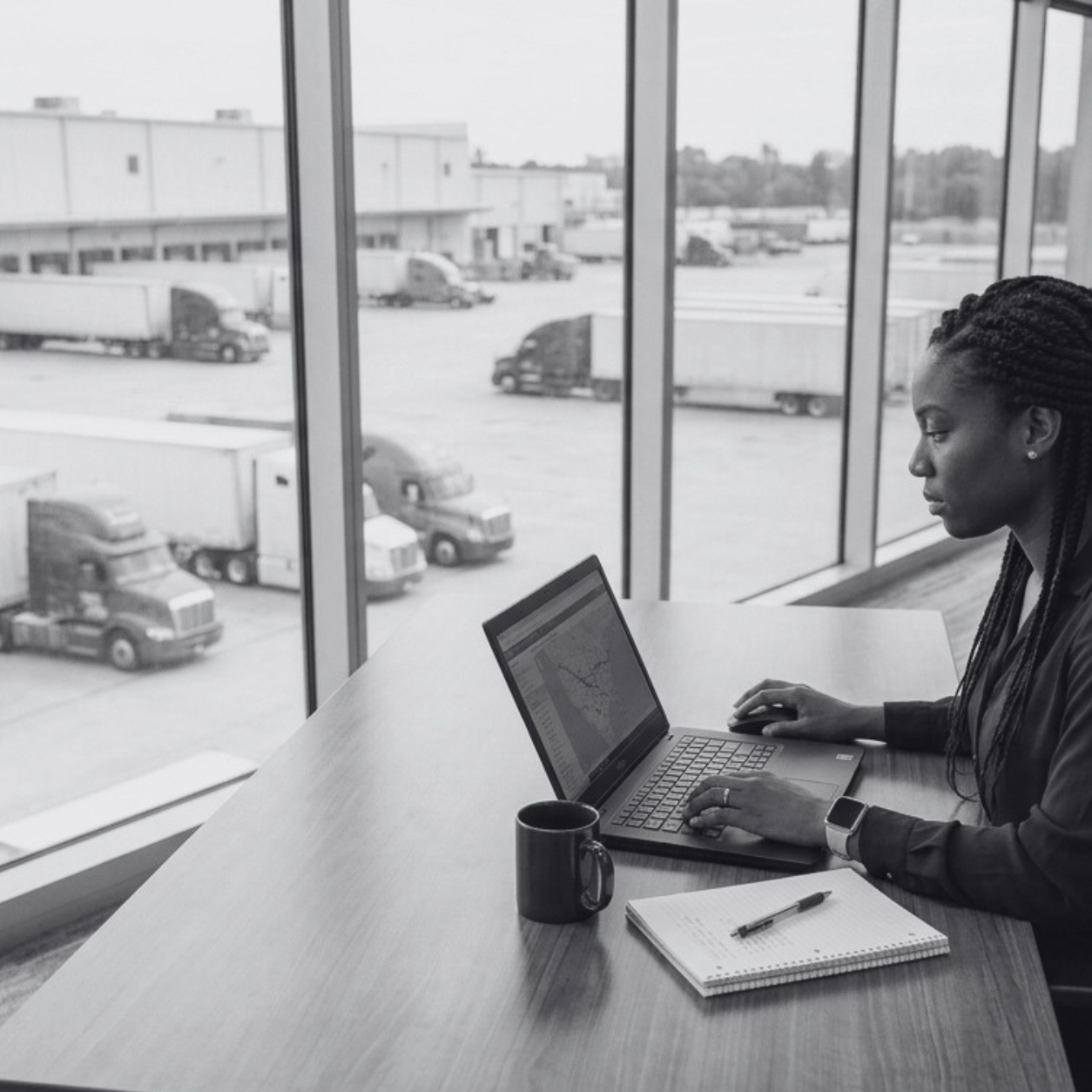Black-and-white Image of a woman working on the management freight quote.