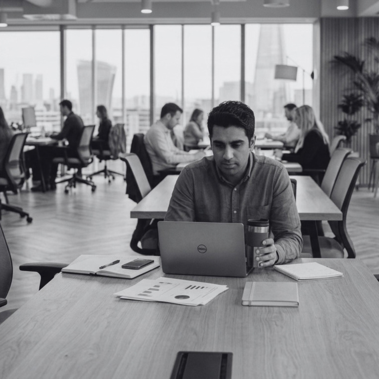Black-and-white image of 3 coworkers working on a delivery management application.